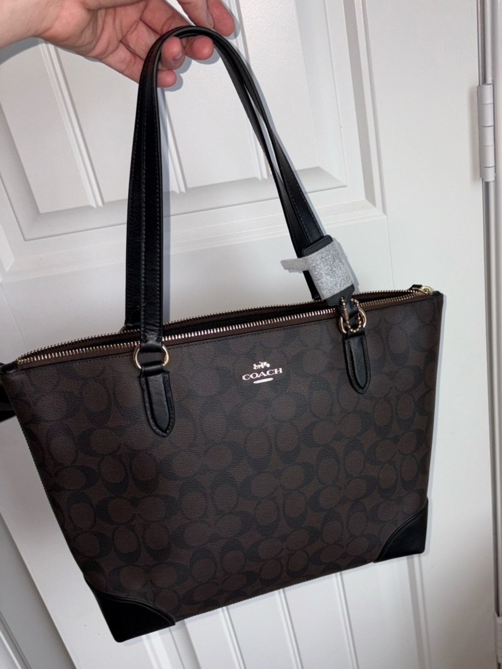 Coach Brown Signature Tote and Wallet with Black Handles and Trim